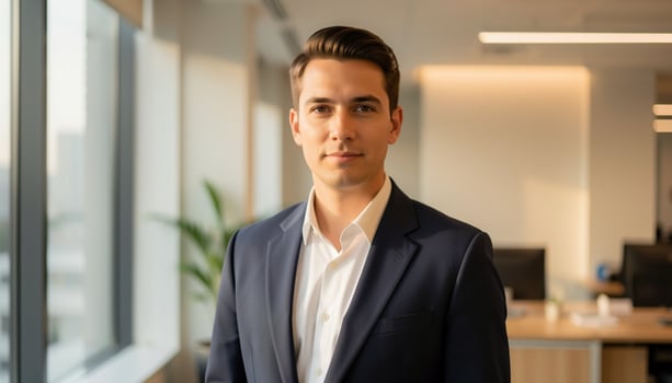 A composed sales professional standing in a modern office looking ahead with quiet confidence, representing clarity and role alignment in sales hiring.