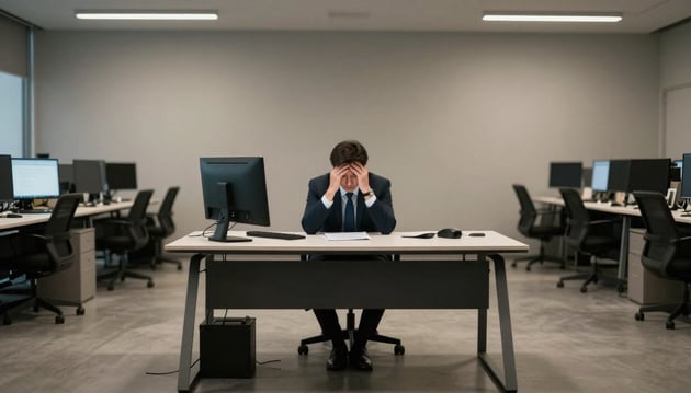 A sales professional sitting alone at a large desk looking overwhelmed, representing the cost of a mismatched sales hire.
